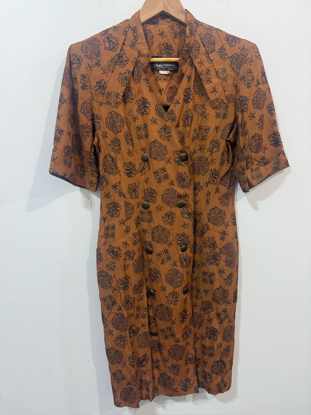 S.L. Fashions Vintage Modest Rust Floral Double-Breasted Midi Dress Size 10